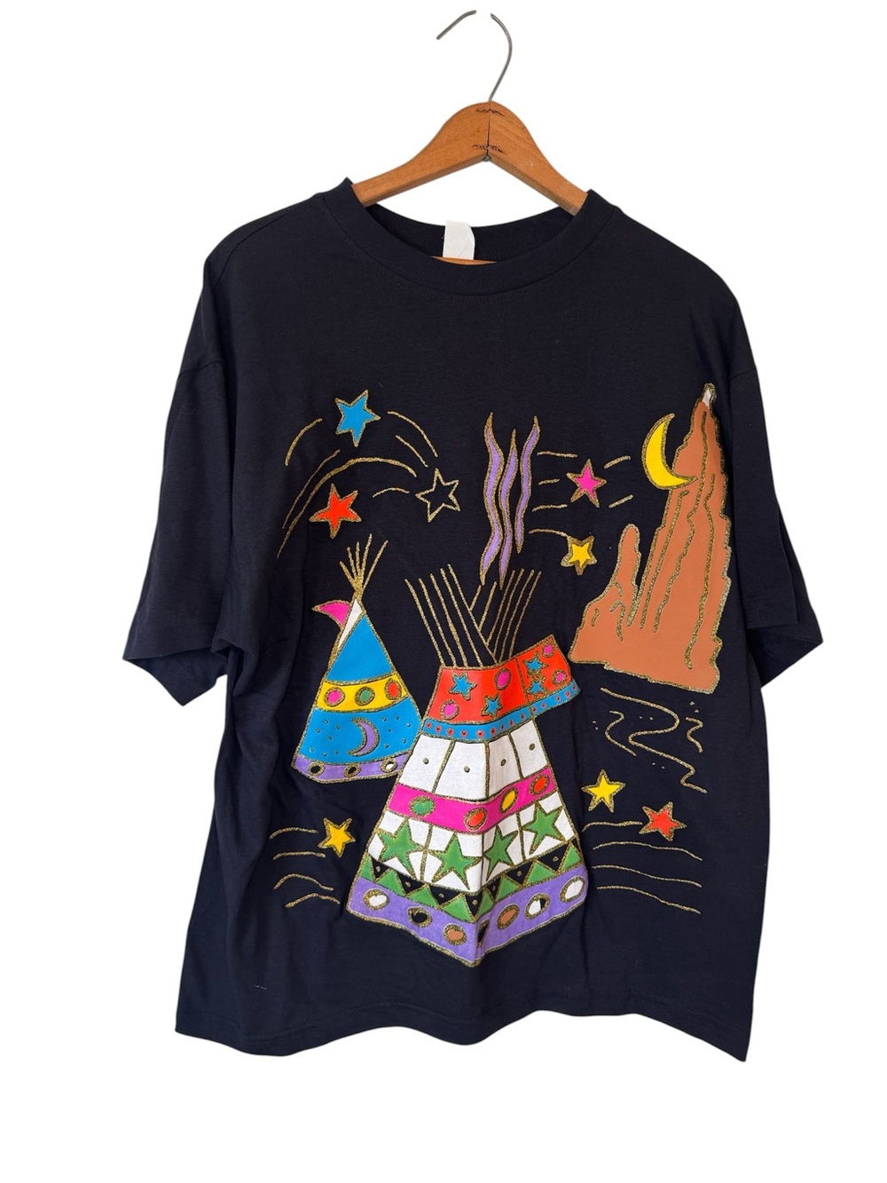 Vintage Southwestern Tee Shirt Black Wearable Art Teepee Desert Moon Stars XL